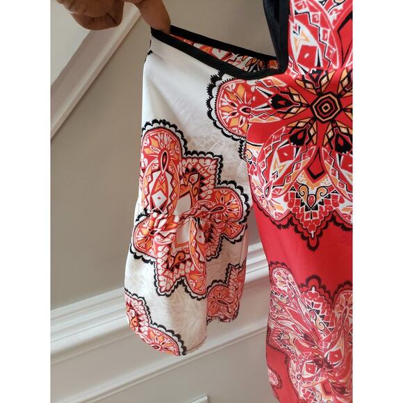 Chico's Tunic Top Women XL Red Geo Print Stretch Cold Shoulder Sleeve Round Neck - Picture 9 of 13